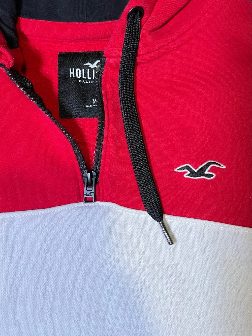 Hollister Men’s Red, White & Navy Half-Zip Colorblock Hoodie